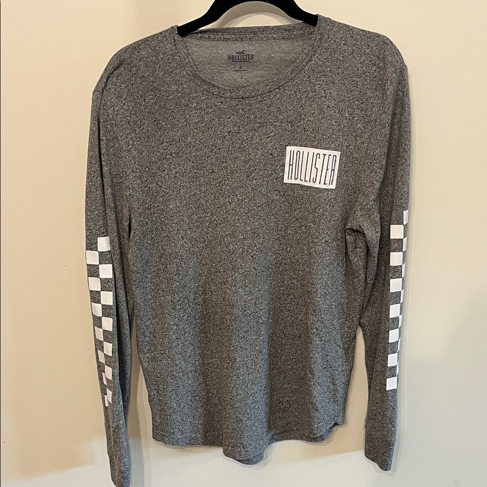 Hollister Charcoal Long Sleeve Tee with Checker Sleeves - Picture 1 of 4